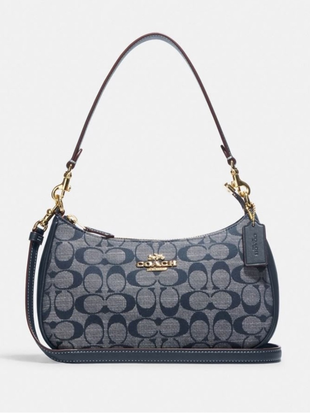 Coach Teri Shoulder Bag Signature Chambray Denim Navy Leather Baguette